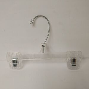 ASSORTED CLEAR, & WHITE PANT/SKIRT HANGERS WITH SWIVEL HOOK.